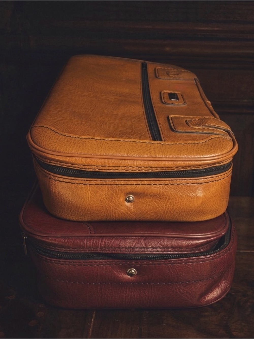 Vintage Faux Leather Luggage Set of 2 Maroon & Tan Carry On Luggage Bag Suitcase